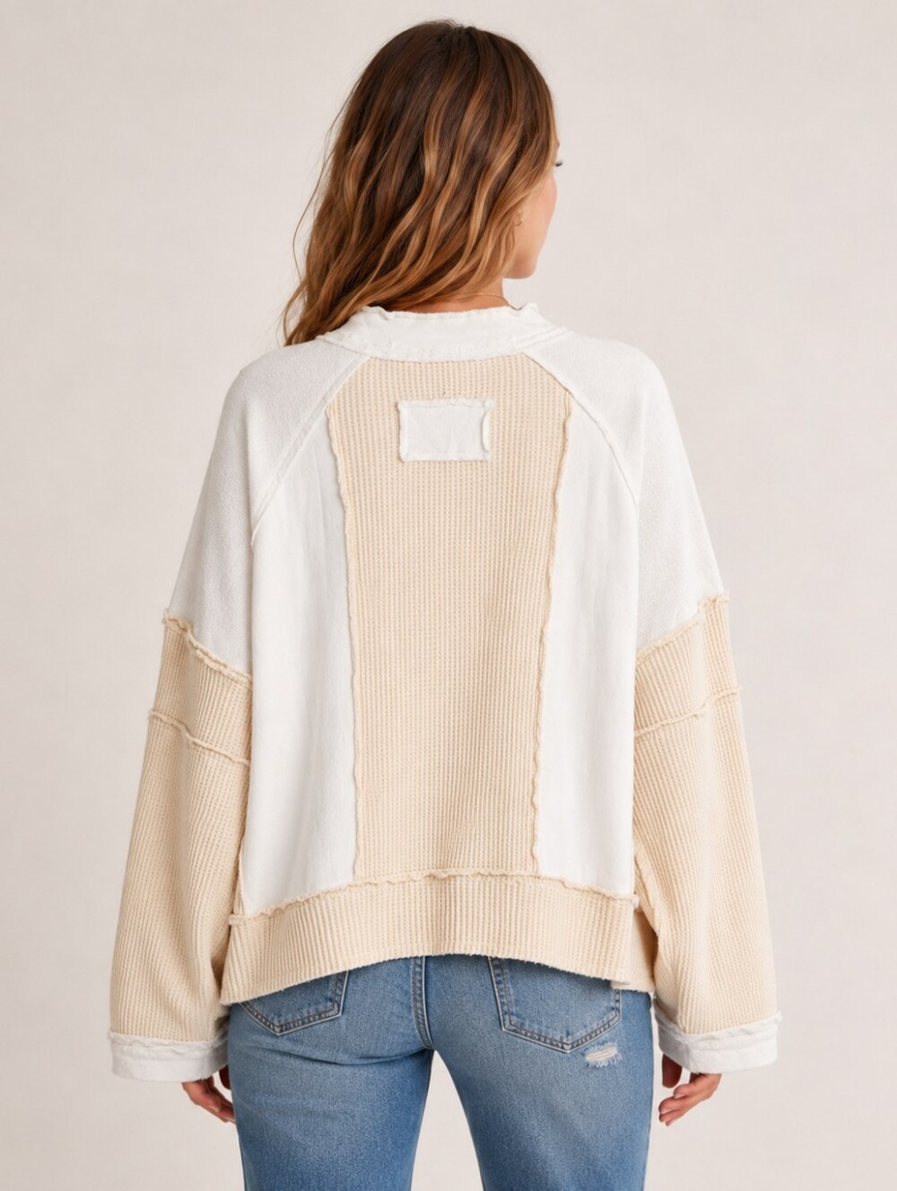 POL Oversized Patchwork Waffle Knit Raw Seam Top Small NWOT - Picture 2 of 7